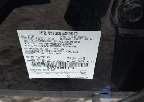 2021 Ford Ecosport Titanium из США, поврежденный, VIN MAJ3S2KE8MC411104